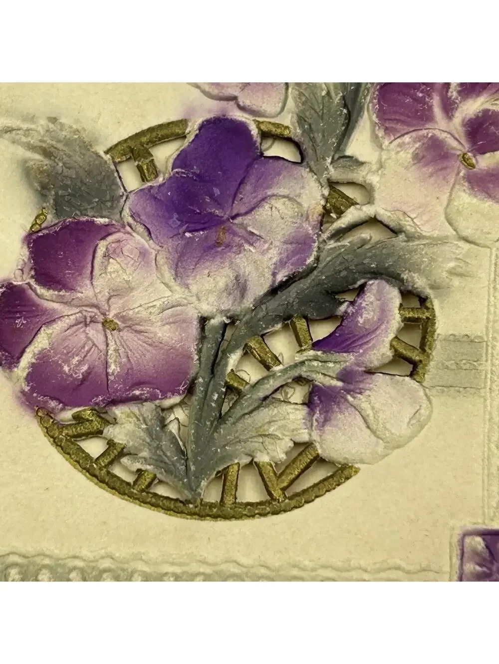 Antique Die-Cut Embossed Greeting Card Booklet Pansies 1900-1915 Gilt Poem F2
